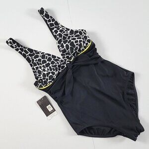 It Figures! Tummy Thinner One Piece Swimsuit Black Graphic Tee Empire Waist Sz 8